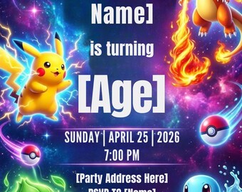 Pokemon einladen, Pokemon Party, Kinder Geburtstag, Canva einladen, bearbeitbare Einladung, digitale Einladung, Pikachu Party