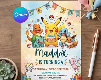 Pokemon Geburtstagseinladung Bearbeitbare Canva Vorlage, Pikachu Party einladen, Kinder Pokemon Geburtstag einladen Digitaler Download