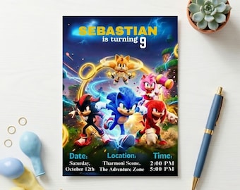 Sonic Geburtstagseinladung, bearbeitbare Canva-Vorlage, Kinderparty einladen (digitaler Download)