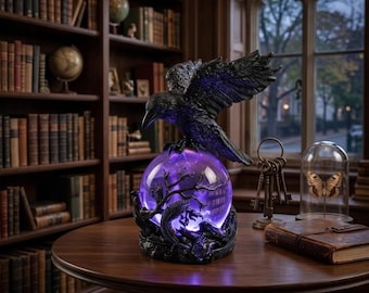 Gothic Raven Lamp, Purple Crystal Orb Light, Witchy Decor, Dark Academia Night Light