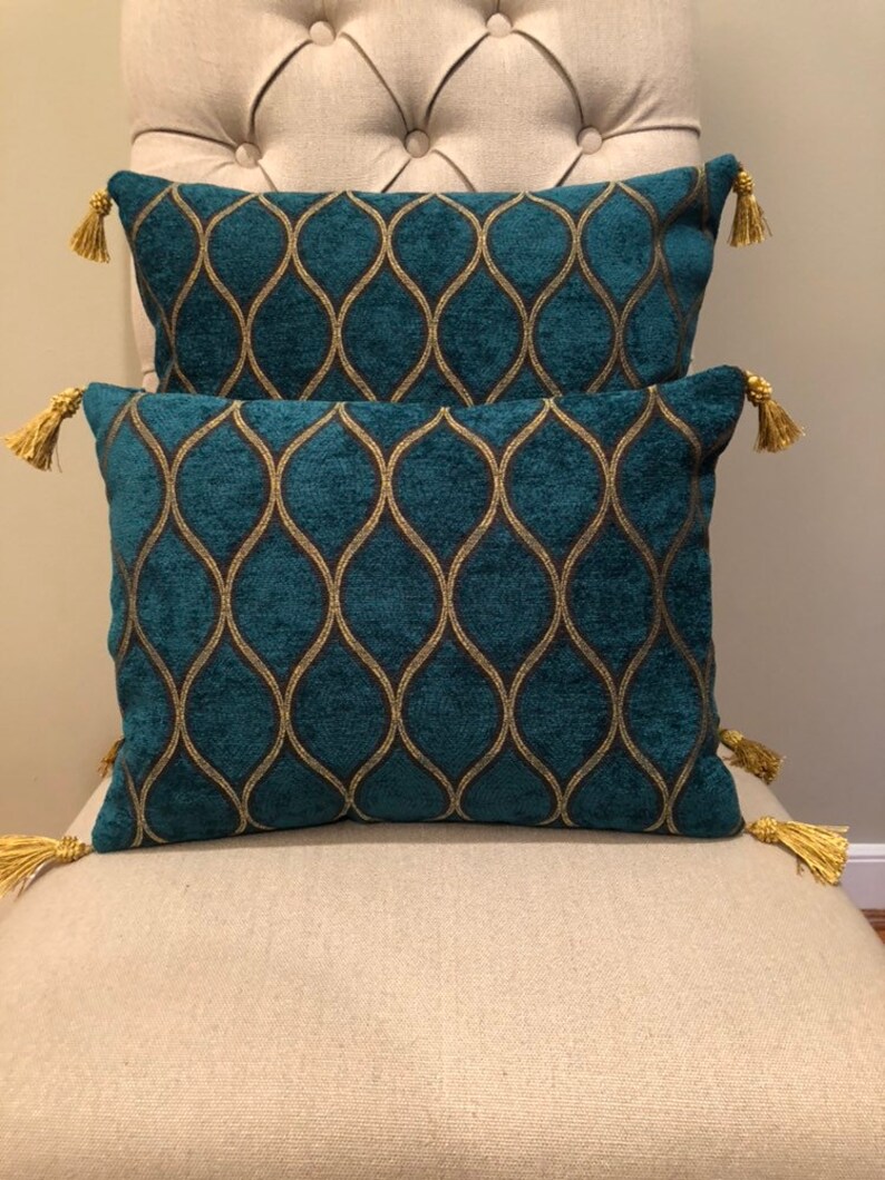 Peacock teal pillow cover with tassels Etsy