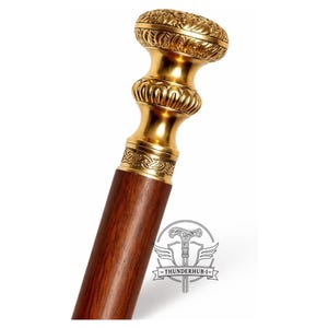 Vintage Brass Knob Handle Walking Cane, Brown Hardwood Shaft, 36" Victorian Gentleman Stick