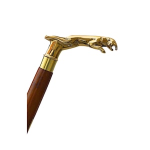 Brass Jaguar Handle Cane – Folding Wooden Walking Stick, Handcrafted Gift for Men & Women