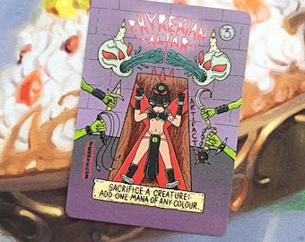 May include: A purple card with the text "PHYREXIAN ALTAR" and "ARTIFACT". The card features a cartoon illustration of a figure on a wooden structure, surrounded by green hands holding weapons. The text "SACRIFICE A CREATURE: ADD ONE MANA OF ANY COLOUR" is at the bottom.