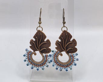 Artisan Copper Leaf Earrings, Boho Seed Bead Dangles