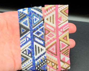 Handwoven Geometric Beaded Cuff Bracelet | Pink/Gold, Blue/Silver