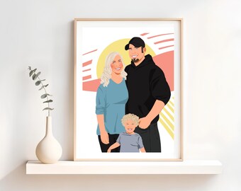 May include: A framed family portrait featuring a stylized illustration of a family of three. The artwork depicts a woman in a blue top, a man in a black hoodie and baseball cap, and a young child in a gray shirt. The background has a yellow and pink design.