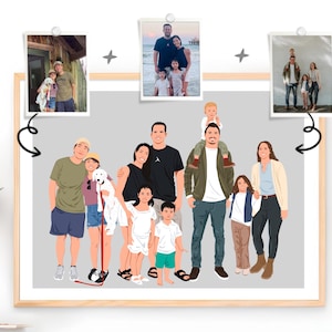 Peut inclure: Un portrait de famille encadré avec trois petites impressions photo attachées. L'illustration principale représente un groupe de personnes en tenue décontractée. La palette de couleurs comprend des nuances de gris, de beige et de tons de peau variés. Le thème général est la famille et l'art personnalisé.