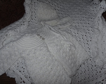 Christening Baptism Three Piece Set Shawl Blanket And Sweater With Bonnet