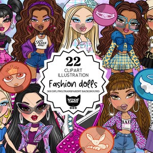 May include: A digital illustration featuring 22 fashion doll clip art images. The dolls have various skin tones, hairstyles, and outfits. The image includes text that reads "22 Clipart Illustration Fashion dolls". The dolls are in a variety of poses and styles.