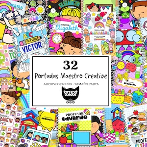 Puede incluir: Una colección de 32 portadas de cuadernos con temática de profesores. Cada portada presenta ilustraciones de dibujos animados de útiles escolares, estudiantes y profesores. Las portadas son de varios colores, con texto en español.