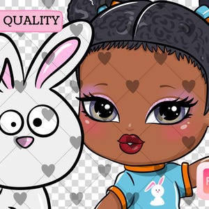 May include: A digital illustration of a cartoon girl with dark skin and curly hair, wearing a blue shirt with a bunny graphic. A white bunny is next to her. The image has a "HIGH QUALITY" banner and a "PNG" logo.