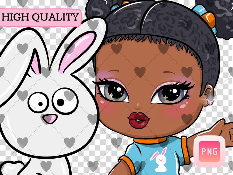 May include: A digital illustration of a cartoon girl with dark skin and curly hair, wearing a blue shirt with a bunny graphic. A white bunny is next to her. The image has a "HIGH QUALITY" banner and a "PNG" logo.