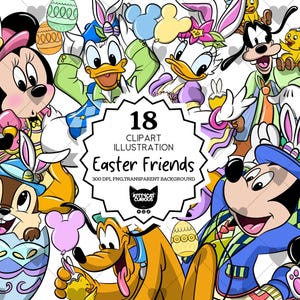Puede incluir: Una colorida ilustración digital con varios personajes de dibujos animados, incluyendo Mickey Mouse, Minnie Mouse, Donald Duck y Goofy, todos adornados con accesorios de Pascua. La imagen incluye el texto "Easter Friends".