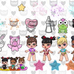 May include: A collection of cartoon illustrations featuring a pacifier, baby bottle, and various animal characters, including a bunny, pig, frog, and black cat. Several baby dolls are also depicted, along with glittery stars.
