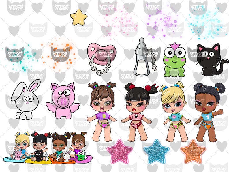 May include: A collection of cartoon illustrations featuring a pacifier, baby bottle, and various animal characters, including a bunny, pig, frog, and black cat. Several baby dolls are also depicted, along with glittery stars.