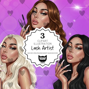 Puede incluir: Ilustración digital que presenta a tres mujeres estilizadas con diferentes colores de cabello: castaño, rubio y negro. Cada una sostiene herramientas para pestañas. La imagen incluye el texto "3 Clipart Illustration Lash Artist" sobre un fondo morado con formas de corazón.