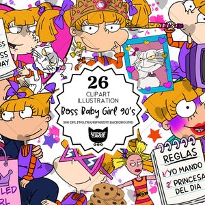 Op de afbeelding: Een digitale clipart illustratie met meerdere afbeeldingen van een stripfiguur met blond haar en paarse strikken. De afbeeldingen bevatten tekst met de tekst "RULES", "I'M THE BOSS", "PRINCESS OF THE DAY", "SPOILED GIRL" en "REGLAS". De clipart is getiteld "Boss Baby Girl 90's".