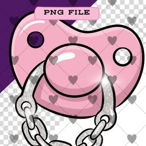 May include: A pink pacifier with a silver chain, featuring a heart-shaped design. The pacifier has two holes and a central bulb. The image includes the text "PNG FILE" in a pink rectangle. The background is a mix of purple and white with heart patterns.