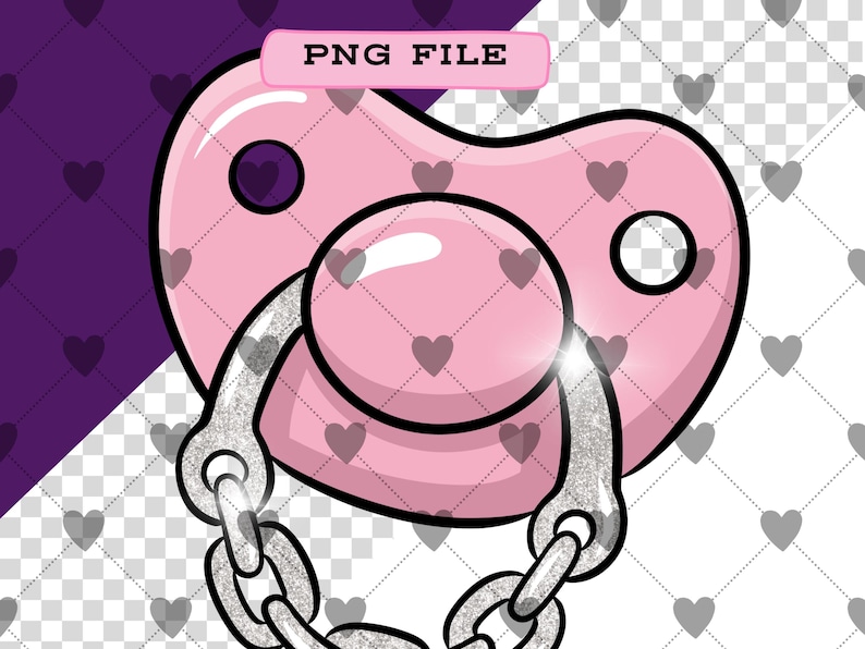 May include: A pink pacifier with a silver chain, featuring a heart-shaped design. The pacifier has two holes and a central bulb. The image includes the text "PNG FILE" in a pink rectangle. The background is a mix of purple and white with heart patterns.
