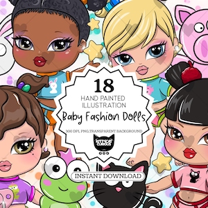 May include: A digital illustration featuring six baby fashion dolls with various skin tones and hairstyles. The dolls are surrounded by cartoon animals and stars. The image includes the text "18 Hand Painted Illustration Baby Fashion Dolls" and "Instant Download."