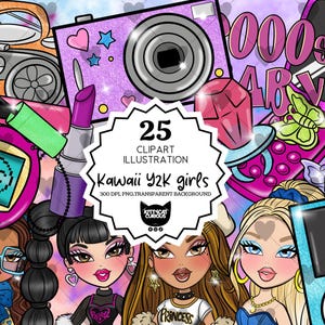 Kawaii Y2K-flickor Clipart-paket | Söt retro 2000-tals estetisk PNG | Trendiga flickkaraktärer och accessoarer | Sublimeringsdesign | 300 DPI