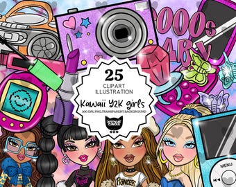 Kawaii Y2K Girls Clipart Bundle | Cute Retro 2000s Aesthetic PNG | Trendy Girl Characters & Accessories | Sublimation Design | 300 DPI