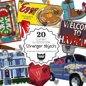 Puede incluir: Una colección de 20 ilustraciones de clipart con temática de Stranger Things. Incluye una vidriera, gofres Eggo, un bate de béisbol con clavos, una casa azul, un dado rojo, una furgoneta con el texto "WRQK" y un letrero que dice "Welcome to Hawkins".