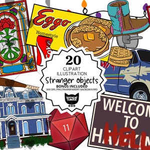 May include: A set of illustrations including a stained glass window, a baseball bat with nails, a blue house, a box of Eggo waffles, a cowboy boot, a cassette tape, a van, a red die, and a sign that says "Welcome to Hawkins".