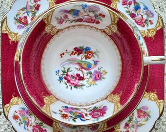 J&G Grosvenor China Crimson Exotic Birds Tea Trio Set
