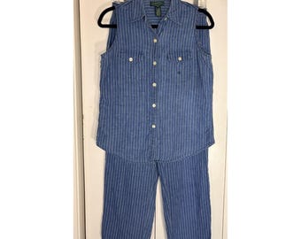 Vintage Ralph Lauren Womens Linen Sleeveless Shirt & Pant Set 6P Blue Pinstripe