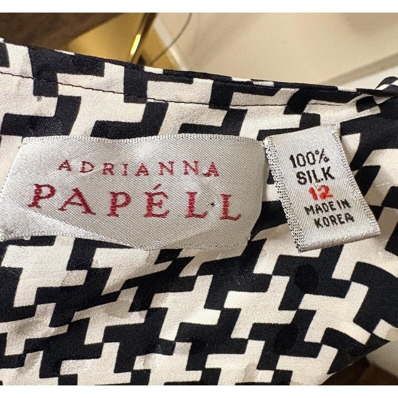 VTG Adrianna Papell 100% Silk Black Geometric Print Dress Sz 12 Shoulder Pads image 9