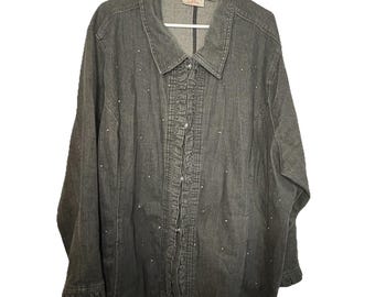 VTG Quacker Factory Women Jacket Size 3X Black Denim Studded Rhinestone Ruffles