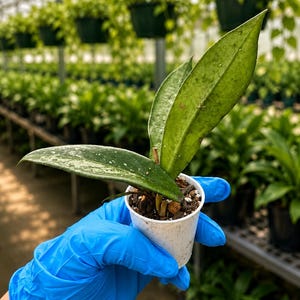 Pode incluir: Uma pequena planta Hoya com duas folhas verdes alongadas e pontiagudas com manchas prateadas, plantada num copo de plástico branco com terra escura e perlite, segurada por uma mão com uma luva de nitrilo azul brilhante.