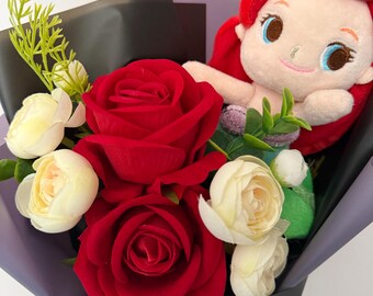 プリンセスローズブーケ｜リトルマーメイドをイメージしたギフト｜赤いバラのぬいぐるみブーケ｜彼女へのロマンチックなギフト｜バレンタインデーギフト