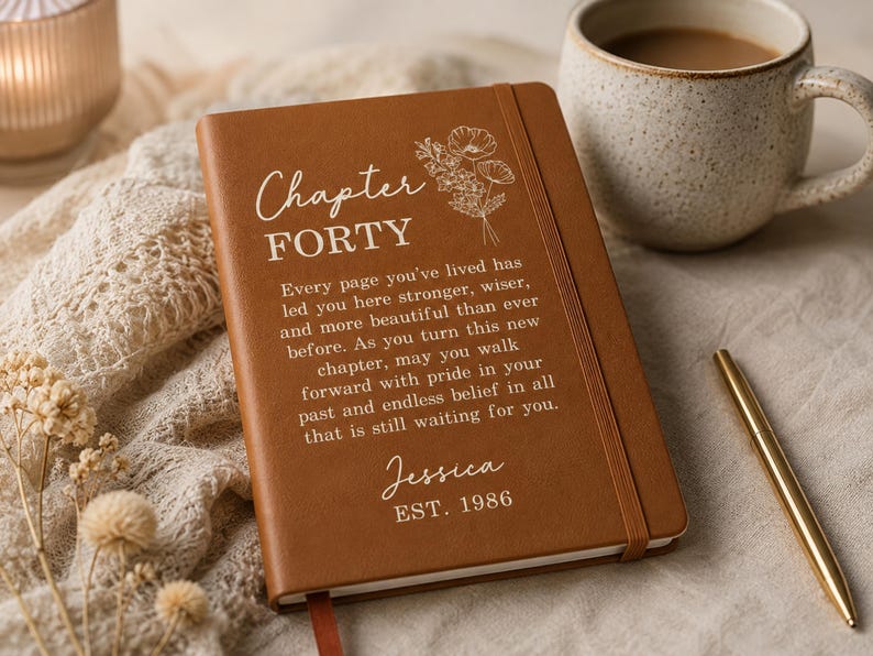 May include: A brown notebook with an elastic closure featuring a white floral line drawing and the text: Chapter FORTY, Every page you've lived has led you here stronger, wiser, and more beautiful than ever before. Jessica EST. 1986.