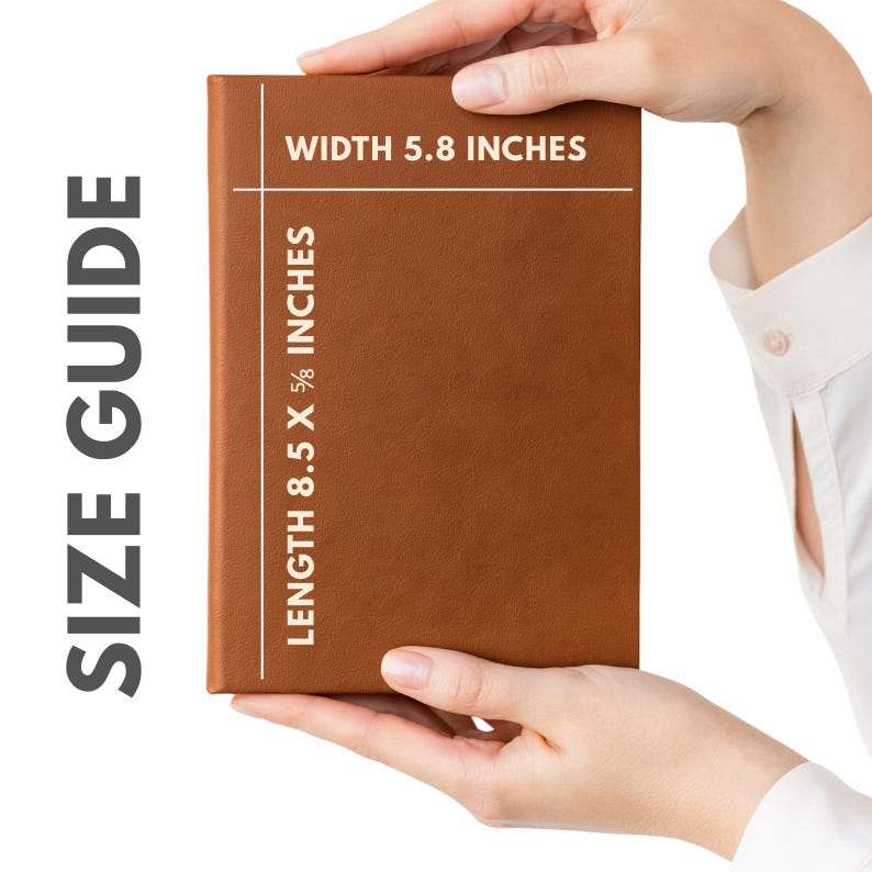 May include: A rectangular brown notebook with a textured cover. The notebook features white text overlays indicating a width of 5.8 inches and a length of 8.5 x 5/8 inches, alongside the vertical text label SIZE GUIDE on the left side.
