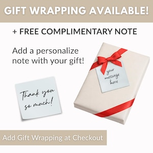 May include: A rectangular gift box wrapped in plain light paper with a bright red ribbon bow. A square card attached to the ribbon reads your message here. A separate square card nearby features the handwritten text Thank you so much.