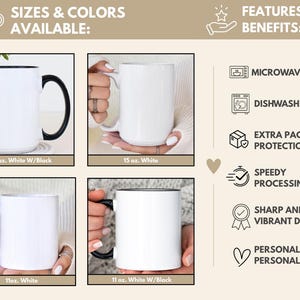 May include: White ceramic mugs in various sizes and color combinations, including white with black accents. The image highlights features like microwave and dishwasher safety, extra package protection, and speedy processing.