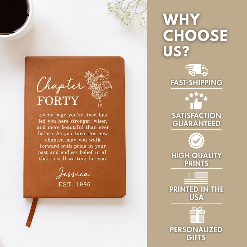 May include: A rust-colored notebook featuring a white floral illustration and the text Chapter FORTY, followed by an inspirational quote, the name Jessica, and EST. 1986. The right side lists features including fast-shipping, satisfaction guaranteed, high quality prints, printed in the USA, and personalized gifts.