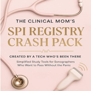 Könnte beinhalten: Ein hellrosa Stethoskop und eine Ultraschallsonde werden auf einem hellrosa Hintergrund dargestellt. Der Text lautet "THE CLINICAL MOM'S SPI REGISTRY CRASH PACK" und "CREATED BY A TECH WHO'S BEEN THERE".
