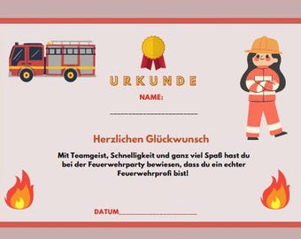 Urkunde für Kindergeburtstag Mitgebsel Feuerwehrmann