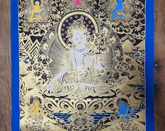 Sacred White Tara Thangka Painting. Om Mani Padme Hum, Hand Painted Nepal/Tibetan/Buddhist Art on Cotton Canvas. Ships Securely From USA.