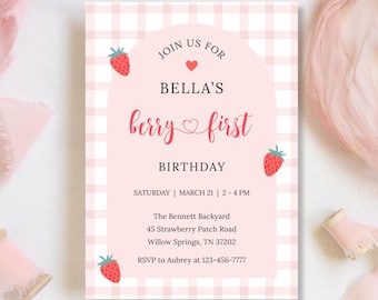 Berry First Birthday Invitation, Editable 1st Birthday Girl Invite, Strawberry First Birthday Template, Berry Sweet, Instant Download