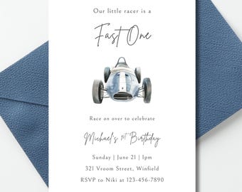 Fast One Birthday, Minimalist Race Car Birthday Invitation, 1st Birthday Boy, Digital Template