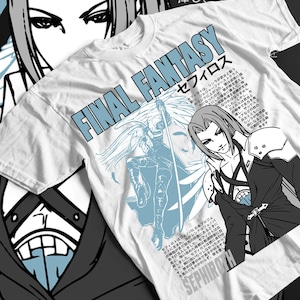 May include: White t-shirt featuring a light blue graphic of a character from Final Fantasy, with the text "FINAL FANTASY" and Japanese text. The design includes a detailed illustration of a character with long silver hair and a sword.
