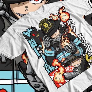 May include: White t-shirt with a colourful anime-style illustration. The design depicts a character in a firefighter uniform with flames and Japanese text. The shirt includes the text "Fireforce 8 Tokyo" on the hat.