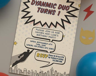 Superhero Twin Birthday Invitation: Comic Book Party (Digital Download)