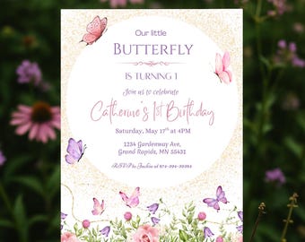 Butterfly One Invitation • First Birthday Editable Invite • Pastel Floral Girl Birthday