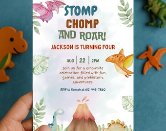May include: A dinosaur-themed birthday invitation with the text "STOMP CHOMP AND ROAR!" and "JACKSON IS TURNING FOUR". The invitation includes watercolor illustrations of dinosaurs, a volcano, and foliage. The date is August 22 at 2 PM.